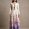 Premium Silk Pleated Maxi Dress with Floral Border and Tassel Detail