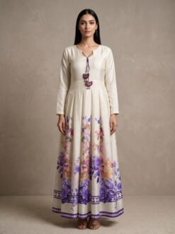 Premium Silk Pleated Maxi Dress with Floral Border and Tassel Detail