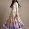 Premium Silk Pleated Maxi Dress with Floral Border and Tassel Detail