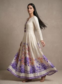 Premium Silk Pleated Maxi Dress with Floral Border and Tassel Detail