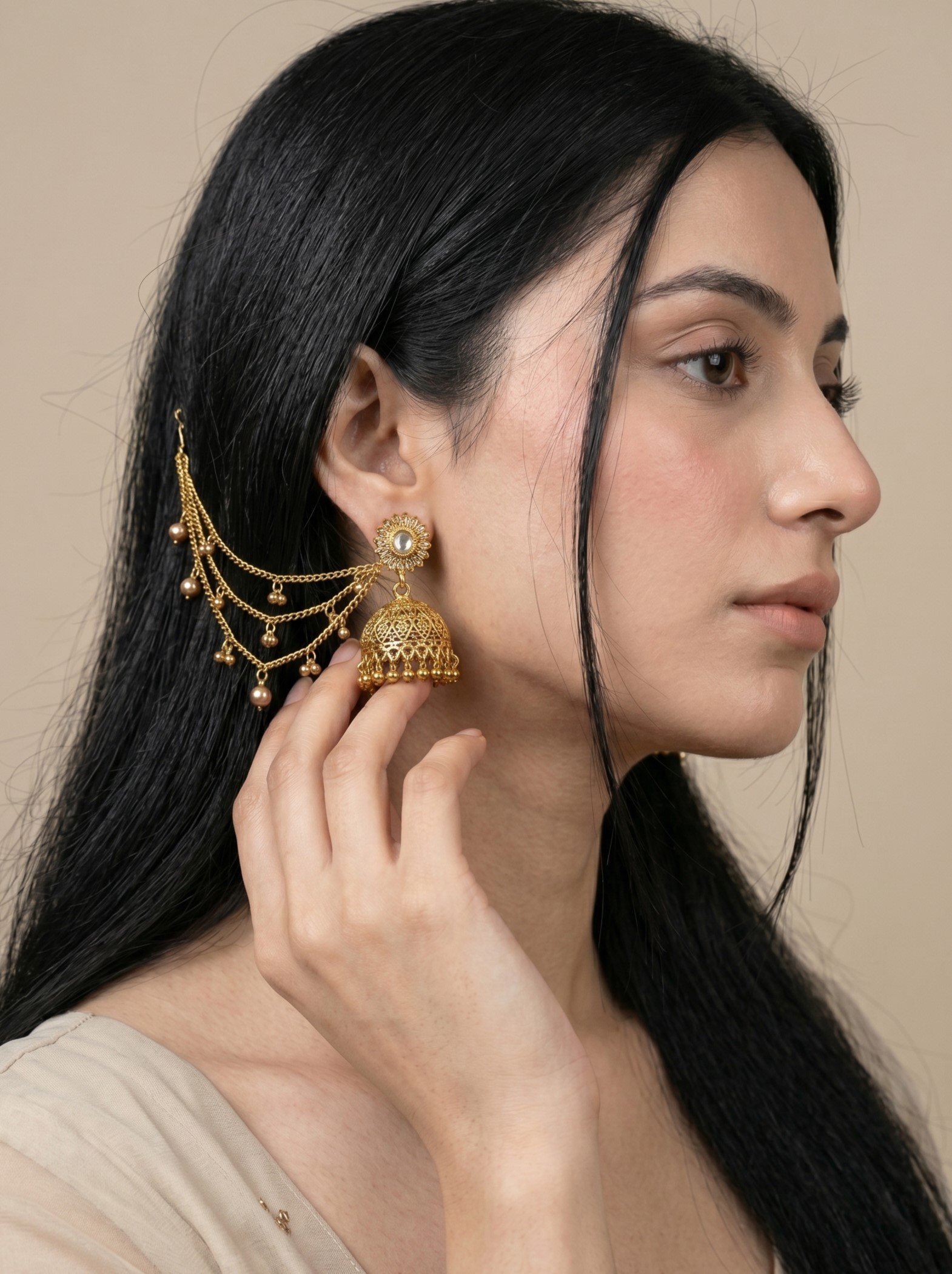 Golden Jhumka Earrings with Layered Sahare Chains – Traditional Bridal and Festive Ear Chains Jewelry for Women