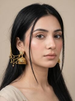 Golden Jhumka Earrings with Layered Sahare Chains – Traditional Bridal and Festive Ear Chains Jewelry for Women
