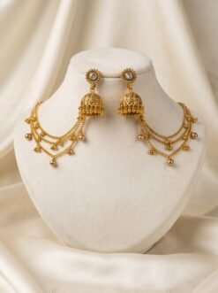 Golden Jhumka Earrings with Layered Sahare Chains – Traditional Bridal and Festive Ear Chains Jewelry for Women