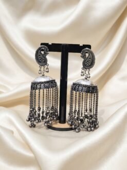 Oxidized Silver Paisley Jhumka Earrings with Hanging Chains