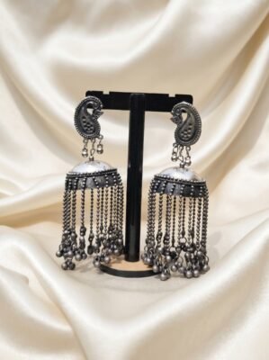Oxidized Silver Paisley Jhumka Earrings with Hanging Chains