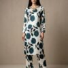 Luxury Teal Floral Printed Silk 2-Piece Co-ord Set with Embroidered Neckline