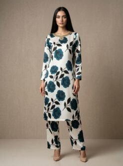 Luxury Teal Floral Printed Silk 2-Piece Co-ord Set with Embroidered Neckline
